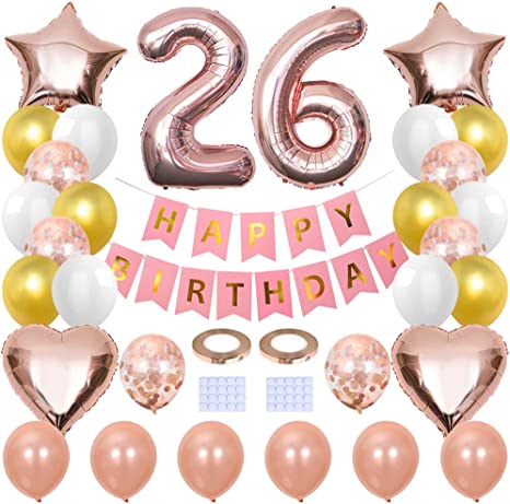 Yijunmca 31pcs 26th Birthday Party Balloon Decorations - Happy Birthday Banner, Number 26 Balloon, Star Foil Balloon, Helium White Latex Balloon (Rose Gold)