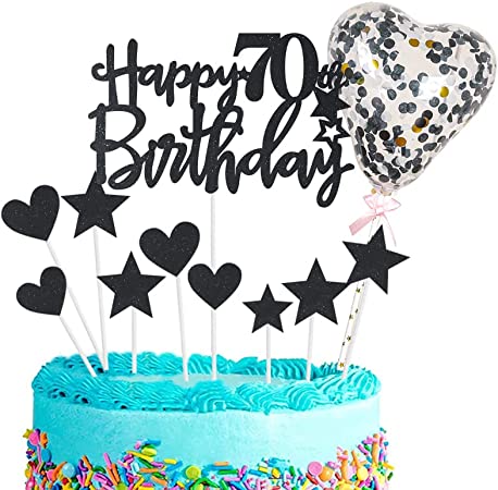 "Black Happy 70th Birthday Cake Toppers - Glitter Cupcake Decorations"