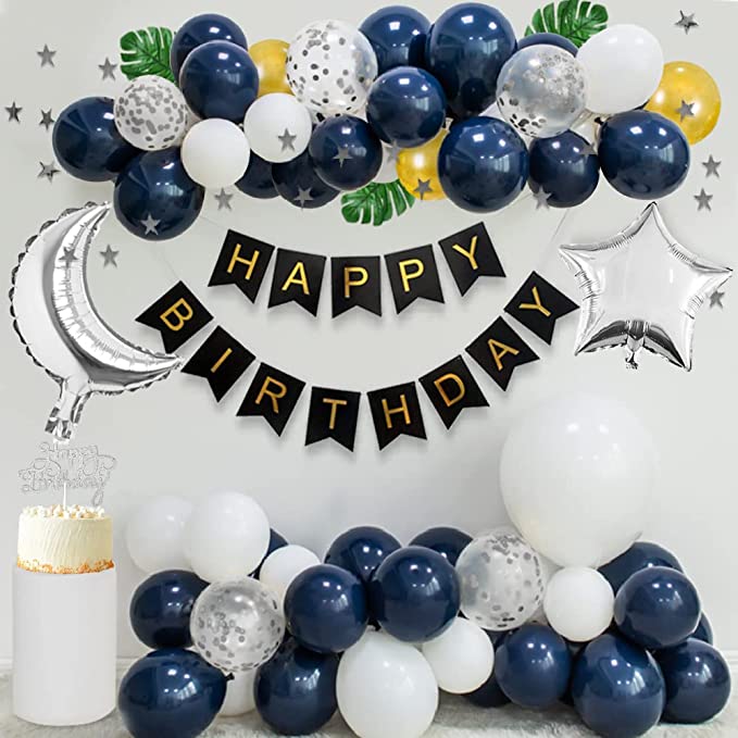 Birthday Decorations for Men - Navy Blue White Balloons Arch Garland Kit, HAPPY BIRTHDAY Banner, Silver Confetti Balloons, Metallic Gold Balloons