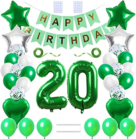Green and White 20th Birthday Balloon Party Supplies