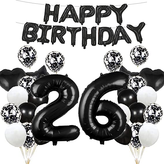 26th Birthday Balloon Decorations - Black 26 Balloons, Happy 26th Birthday Party Supplies, Number 26 Foil Mylar Balloons, Latex Balloon Gifts for Girls, Boys, Women, Men