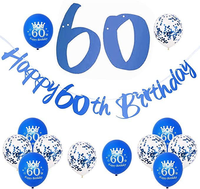 "60th Birthday Decorations: Blue and Gold Party Decorations, Balloons, Banners, Konfetti Luftballons"