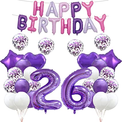 26th Birthday Balloon Decorations - Purple 26 Balloons, Happy 26th Birthday Party Supplies, Number 26 Foil Mylar Balloons, Latex Balloon Gifts for Girls, Boys, Women, Men