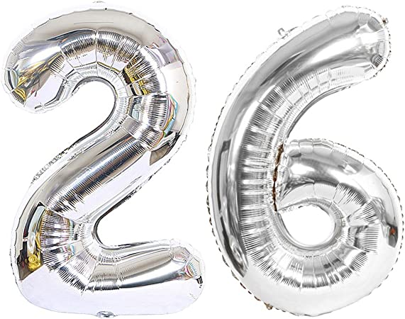Ceqiny 40 Inches 26th Number Balloon - Mylar Balloon Giant Alphabet Foil Balloon for Birthday Party Wedding Bridal Shower Engagement Photo Shoot Anniversary Decoration, Silv