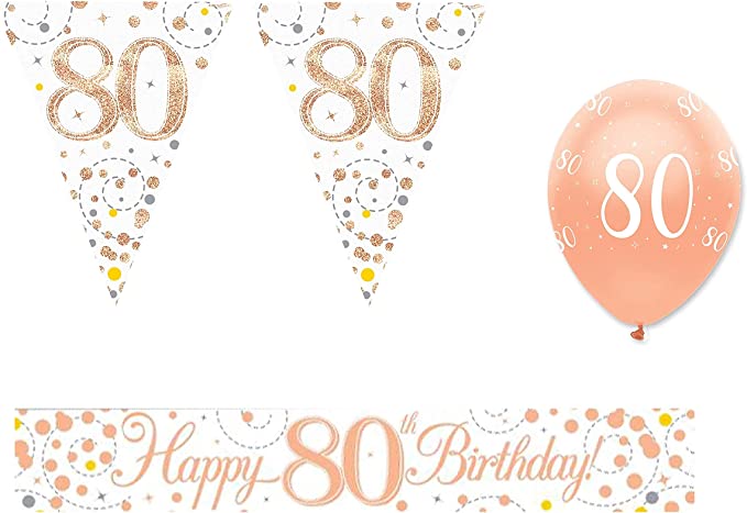 "80th Birthday Rose Gold Balloons Banner Bunting Party Pack - Decorations"