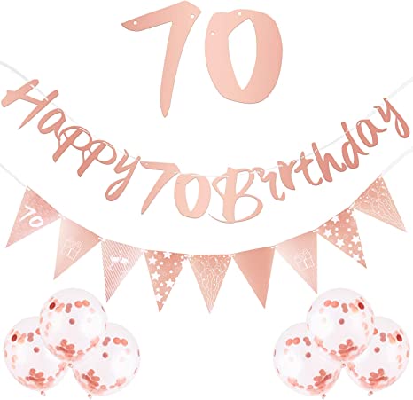 "70th Birthday Decorations Kit: Rose Gold Happy 70th Birthday Banner, Triangle Flag Banner, Confetti Latex Balloons"