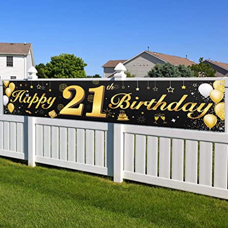 Armbracen 21st Birthday Party Decorations Banner - Black and Gold Birthday Banner