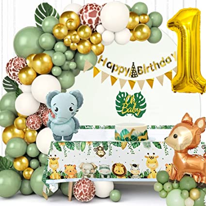 Sage Green Jungle Theme 1st Birthday Party Decorations Neutral Kit - Balloon Garland, Banner, Cake Topper, Table Cloth, Deer Balloon