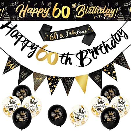 "60th Birthday Party Supplies: Black Gold Latex Balloons, Banners for Birthday and Wedding Decorations"