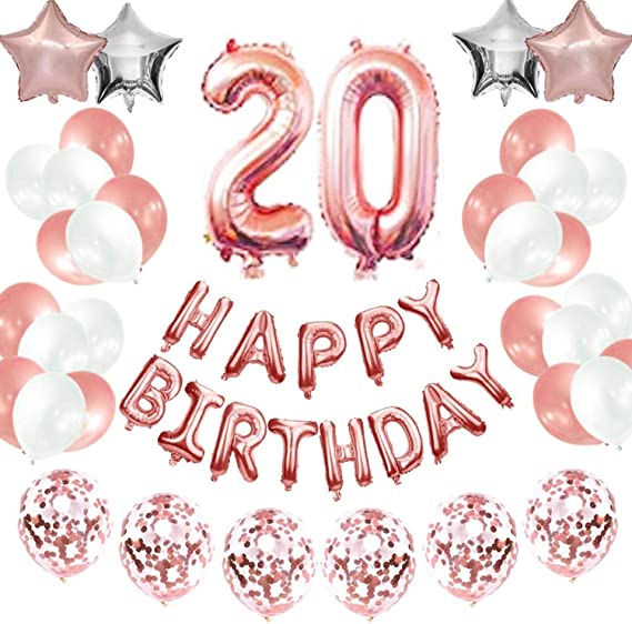 "Rose Gold 20th Happy Birthday Party Decorations Kit: Balloon Banner & Latex Balloons"