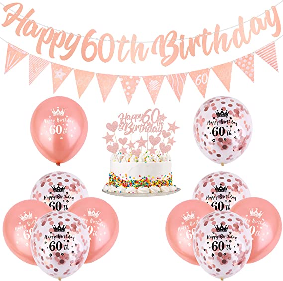 " Rose Gold 60th Birthday Decorations Kit: Happy Birthday Banner, Triangle Flag Banner, Cake Topper, and Confetti Latex Balloons"