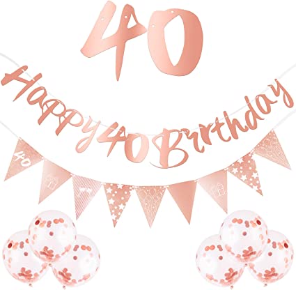 8 Pieces 40th Birthday Decorations Kit - Include Rose Gold Happy 40th Birthday Banner, Triangle Flag Banner, and Confetti Latex Balloons - Party Decoration Birthday Pa