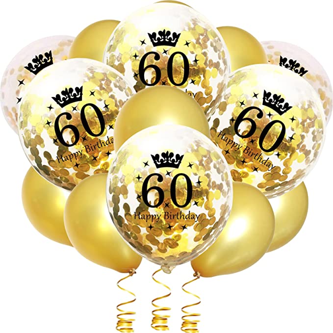 "60th Birthday Balloon Kit: Gold Age Confetti Glitter Balloons, Metallic Gold Pearl Balloons, 10m Balloon Ribbon Roll, Pack of 16"