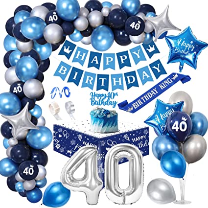 40th Birthday Party Decorations Men - Royal Blue Balloon Arch Kit with Happy Birthday Banner, Cake Topper, Tablecloth, Foil Confetti Balloon, Large Number 40 Balloon, Chrome