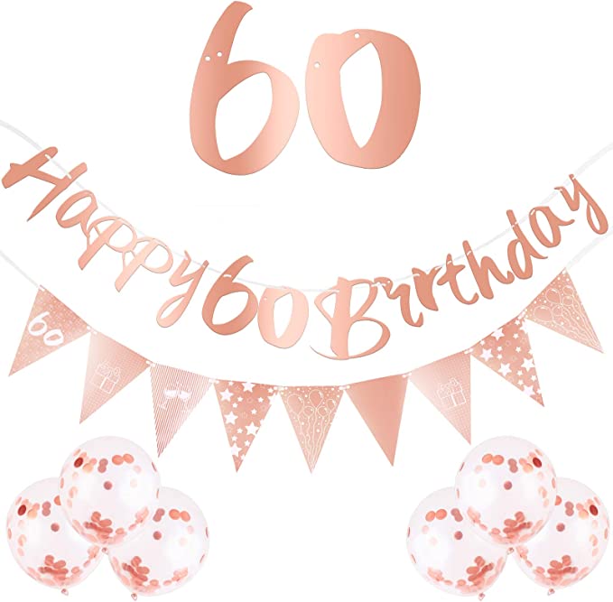 "Rose Gold 60th Birthday Decorations Kit: Happy Birthday Banner, Triangle Flag Banner, Confetti Latex Balloons"