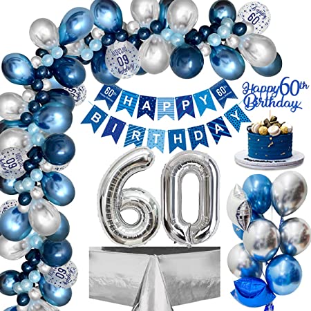 "60th Birthday Decorations Men: Navy Blue Silver Balloons, Happy Birthday Banner, Number 40 Foil Balloons"