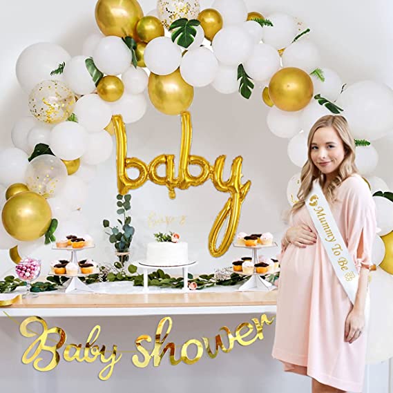 Gorgeous Baby Shower Decorations in White and Gold Perfect for a Neutral Baby Shower!