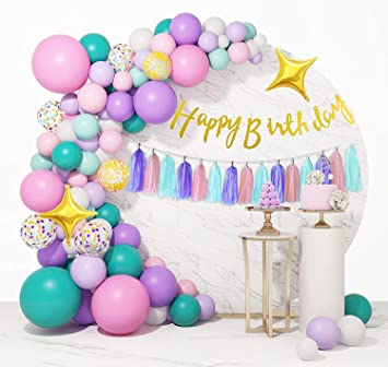 162 Pcs Unicorn Birthday Balloons Arch Garland Set - Girls Lady Happy Birthday Banner Tassels Decorations Kit - Pastel Macaron Purple Pink Party Foil Gold Star Pastel Confet