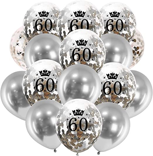 "Happy Birthday Balloon Kit: Silver Age Confetti Balloons, Metallic Silver Pearl Balloons, 10m Curling Ribbon Roll, Pack of 16"