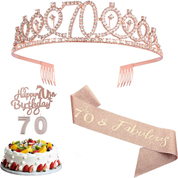 "Rose Gold Birthday Decorations Kit - Crown, Sash, Candles, and More for 70th Celebration"