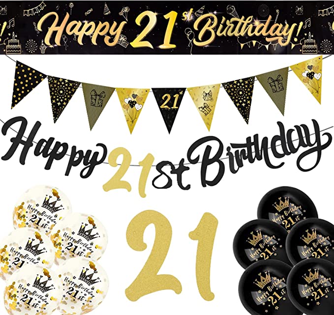 21st Birthday Decoration Kit - Happy 21st Birthday Banner, Bunting, Latex Printed Balloons, 9ft Banner
