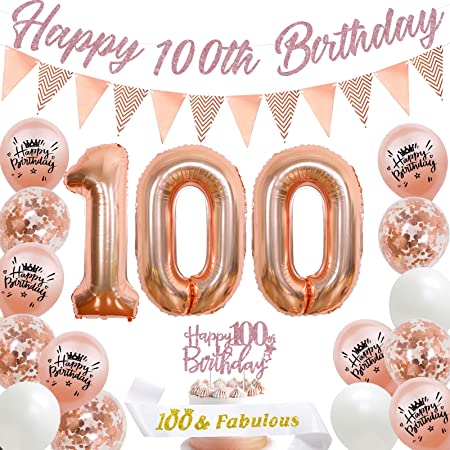 "Rose Gold 100th Birthday Party Decorations - Banner, Cake Topper, Sash, Foil Balloons"