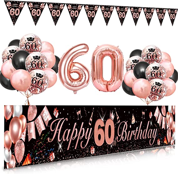 "SWPEED 60th Birthday Decorations for Women: Rose Gold Banner, Black Rose Gold Balloons, Confetti Balloons"