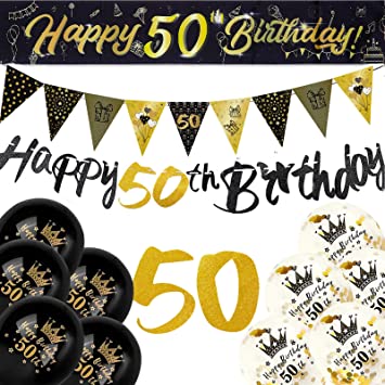 "Complete 50th Birthday Decoration Kit: Banner, Bunting, Latex Balloons, and Banner"