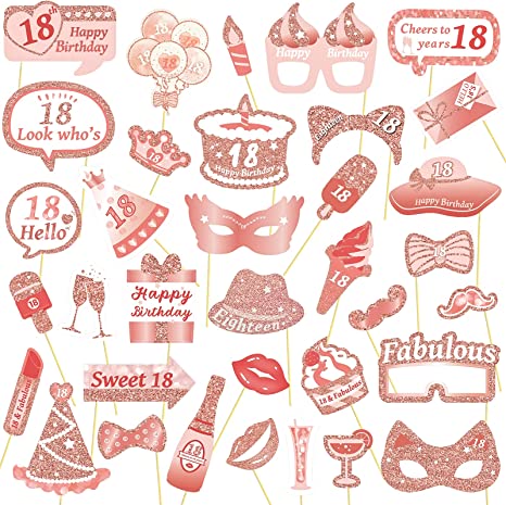 " 35PCS 18th Birthday Photo Booth Props | Rose Gold Party Supplies and Favors"