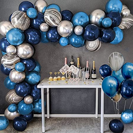 DJLLA Blue Balloon Arch Kit - Balloon Garland Navy Blue Latex Agate Ballon Blue Silver Metallic Balloon Arches - 85 Pack for Boy Men Birthday Space Party Baby Shower Ramadan