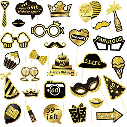 " 60th Birthday Photo Booth Props: Funny DIY Kit for Men and Women, Black Gold Party Decorations"