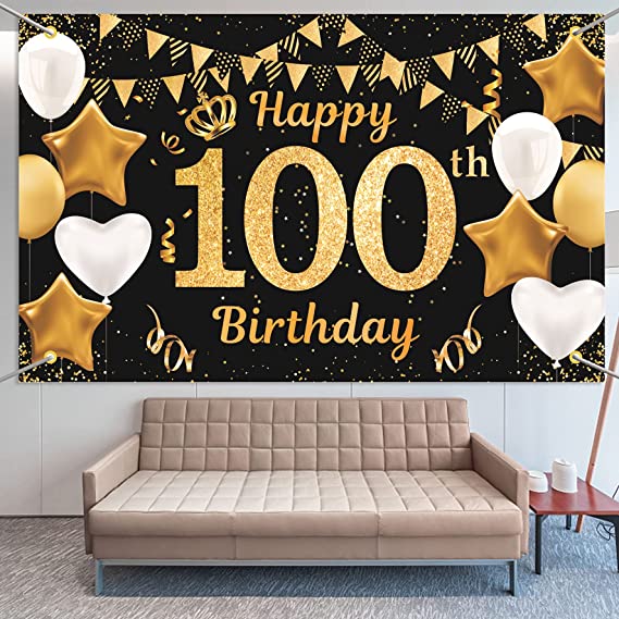 "Happy 100th Birthday Backdrop - Black Gold Anniversary Banner - Party Decorations"
