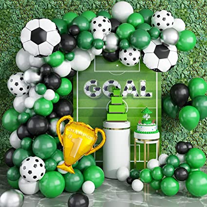 Football Balloon Arch Kit Boys - Green Balloon Arch Kit with Football Trophy Balloons Dark Green Black White Latex Balloons Metallic Silver Balloons for Baby Shower Birthday