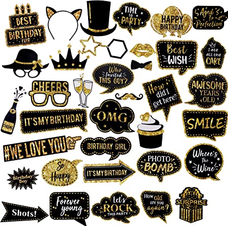 NiCoLa 36 Pcs Birthday Photo Booth Props - Happy Birthday Photobooth Props Black and Gold Birthday Party Photobooth Props for Women Men Birthday Party Decorations Funny Self