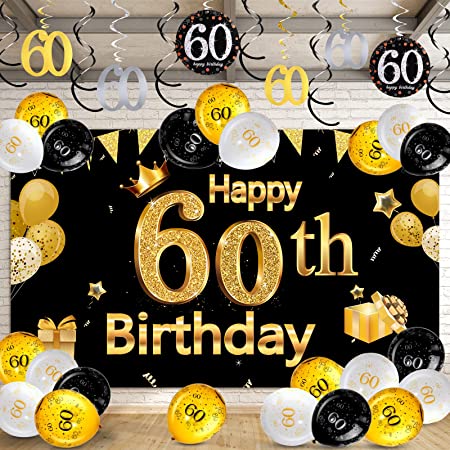 "Happy 60th Birthday Party Decorations Kit: Backdrop Banner, Photo Background, Balloons, Hanging Swirls"