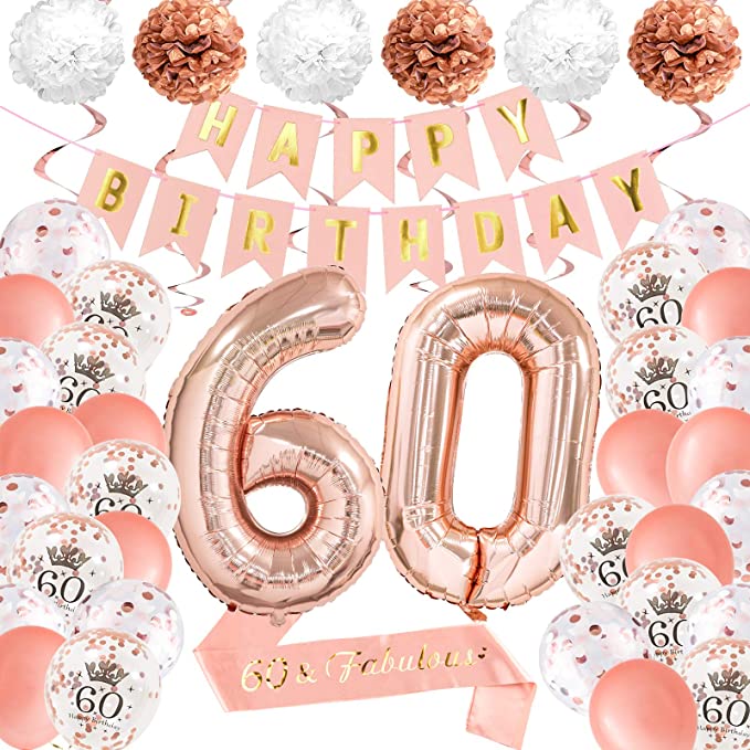 "Whaline 60th Rose Gold Birthday Decoration Kit: Happy Birthday Banner, Balloons, Paper Pompoms"