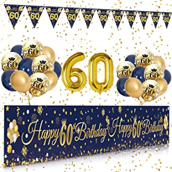 "SWPEED 60th Birthday Decorations for Men: Blue Gold Happy 60th Birthday Banner, Balloons, Triangle Flag Banner"