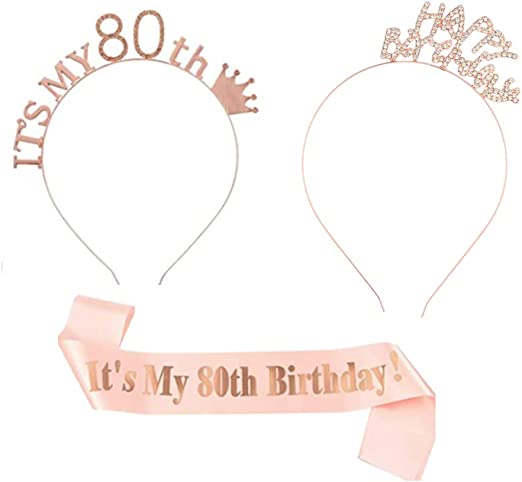 "Elegant 80th Birthday Tiara and Sash Set - Rhinestone Crown Headbands - Birthday Decoration"
