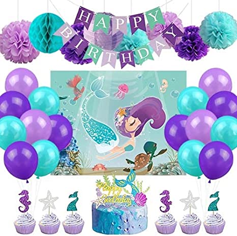 Mermaid Birthday Party Decorations for Girls - All-in-one Mermaid Party Decoration Supplies Kit - Mermaid Backdrop Happy Birthday Banner Cake Topper Balloons for Under the S