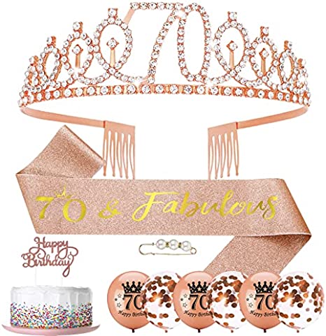 "Heyu-Lotus 70th Birthday Sash and Tiara Set - Rose Gold Party Supplies"