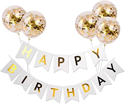 Meowoo Happy Birthday Banner Birthday Bunting with 5 Gold Confetti Latex Balloons - Perfect for Birthday Party Decorations - White