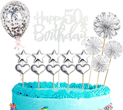 "Silver Happy 50th Birthday Cake Topper Kit: Glitter Cupcake Toppers for Men and Women"