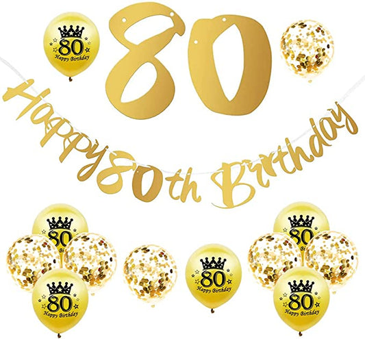 "Happy 80th Birthday Banners and Balloons Kit - Gold Decorations"