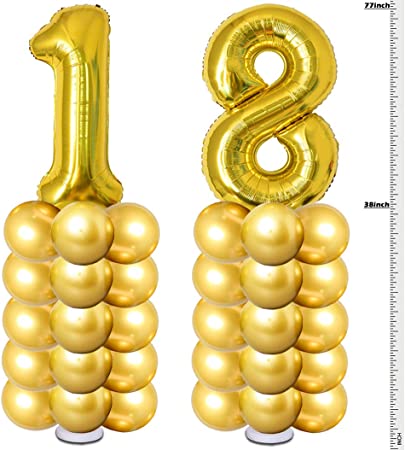 "18th 21st Birthday Balloons Decoration Kit: Tall Rose Gold Balloons Column (18th-Gold)"