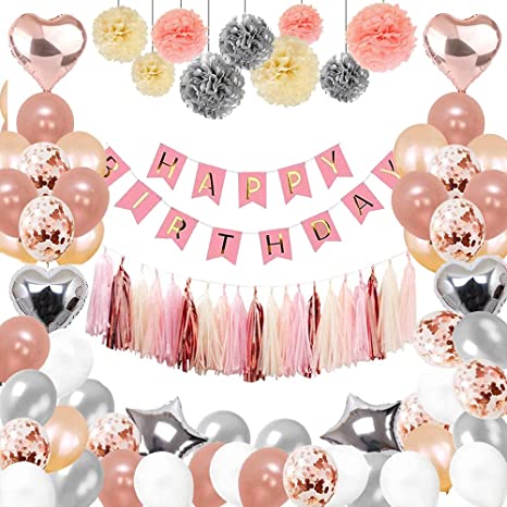 "Rose Gold Birthday Party Decorations: Balloons, Tassels Banner, Pink Decor for Women"