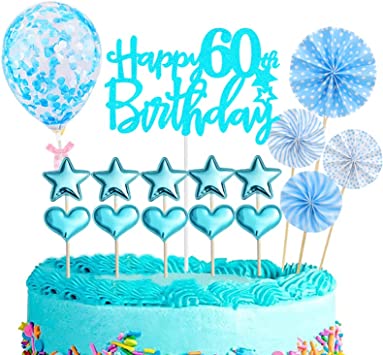 "16Pcs Blue Happy 60th Birthday Cake Topper: Glitter Cupcake Toppers, Personalized Cake Decorations"