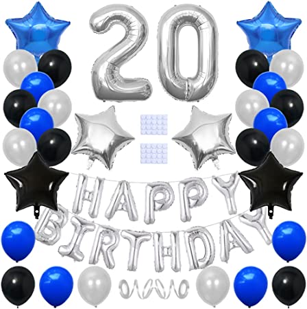 "Yijunmca 33pcs 20th Birthday Party Decoration Set: Banner, Number 20 Balloon & Latex Balloons in Blue, Black, Silver"