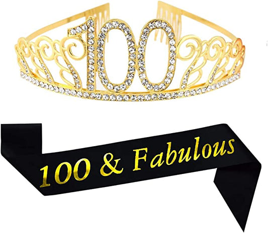 "100th Brithday Gold Tiara and Sash - Glitter Satin 100 & Fabulous - Birthday Party Supplies"