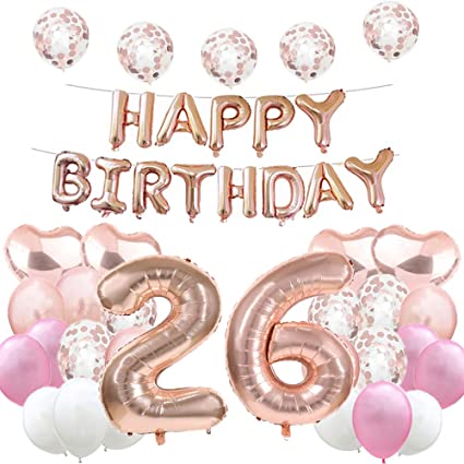 Sweet 26th Birthday Balloon Decorations - Rose Gold Number 26 Foil Balloons, Latex Balloon Gifts for Girls, Boys, Women, Men