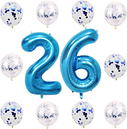 QWEQWE Blue Balloon Set Number 26 Balloon Kit - Giant 26 Digital Foil Balloon, Confetti Latex Helium Balloon for 26th Birthday Wedding Anniversary Engagement